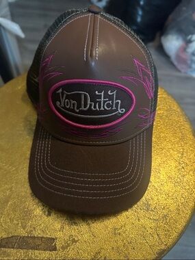 Von Dutch Dark Brown Trucker Hat with Pink Winged Logo
